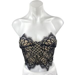 Superdown Black Cream Lace Floral Sleeveless Strapless Blouse Crop Top Size XXS